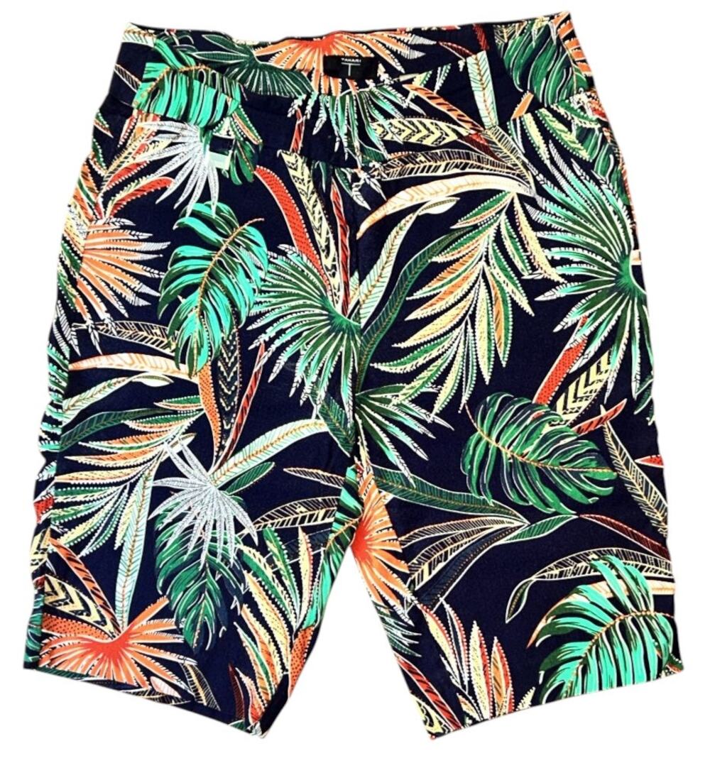 T Tahari Navy Blue & Tropical Leaf Print Bermuda Shorts Medium